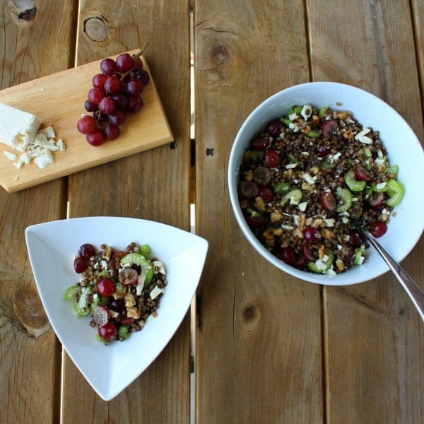Overhead view of two white bowls of lentils, red grapes, celery, walnuts, and feta cheese on a wooden backdrop.