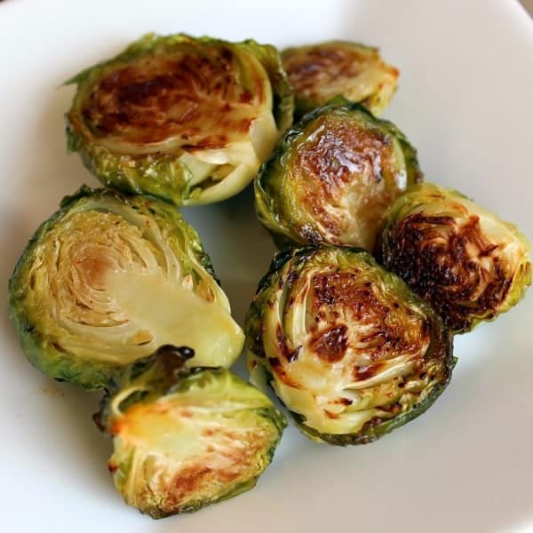 Close up view of roasted Brussels sprouts.