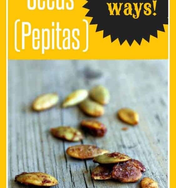 A scattering of pepitas on grey background. Text Overlay reads Pumpkin Seeds [pepitas] 8 ways.