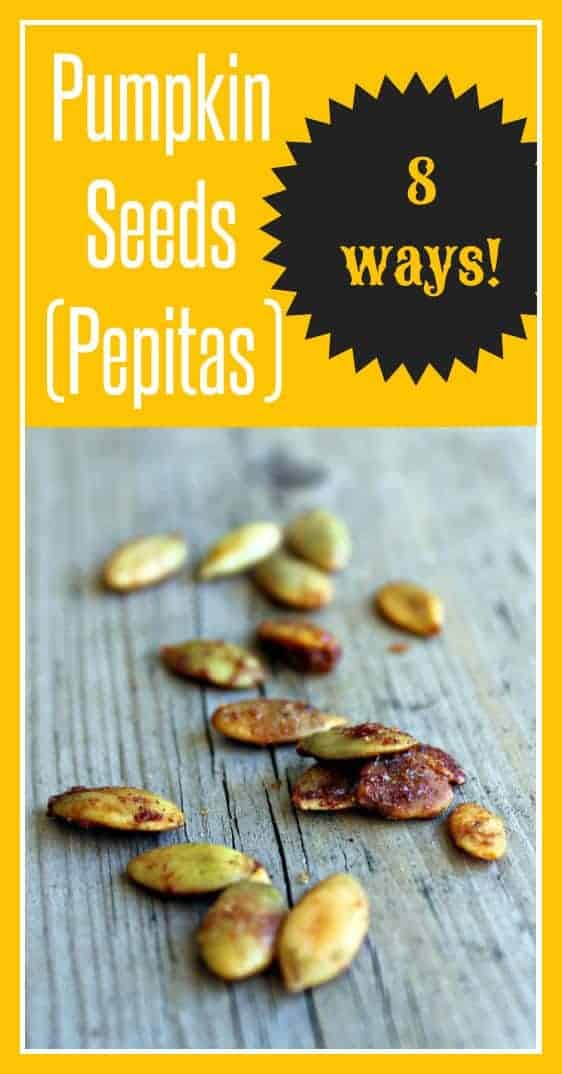 A scattering of pepitas on grey background. Text Overlay reads Pumpkin Seeds [pepitas] 8 ways.