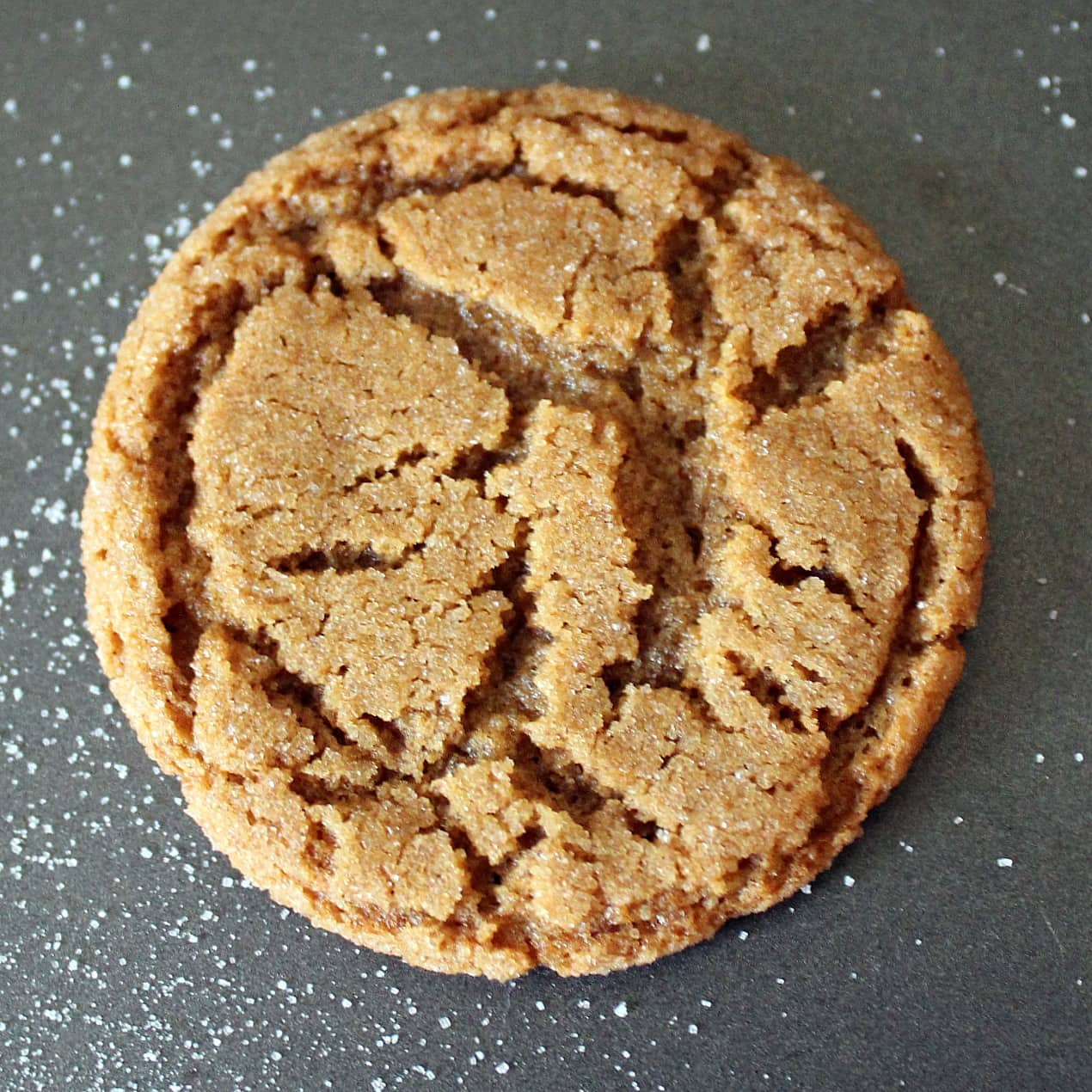 Overhead view of one light brown cookie made with ginger, crackled on top. Granulated sugar is also pictured.