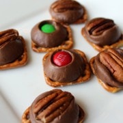 Rolo turtles on a white plate.