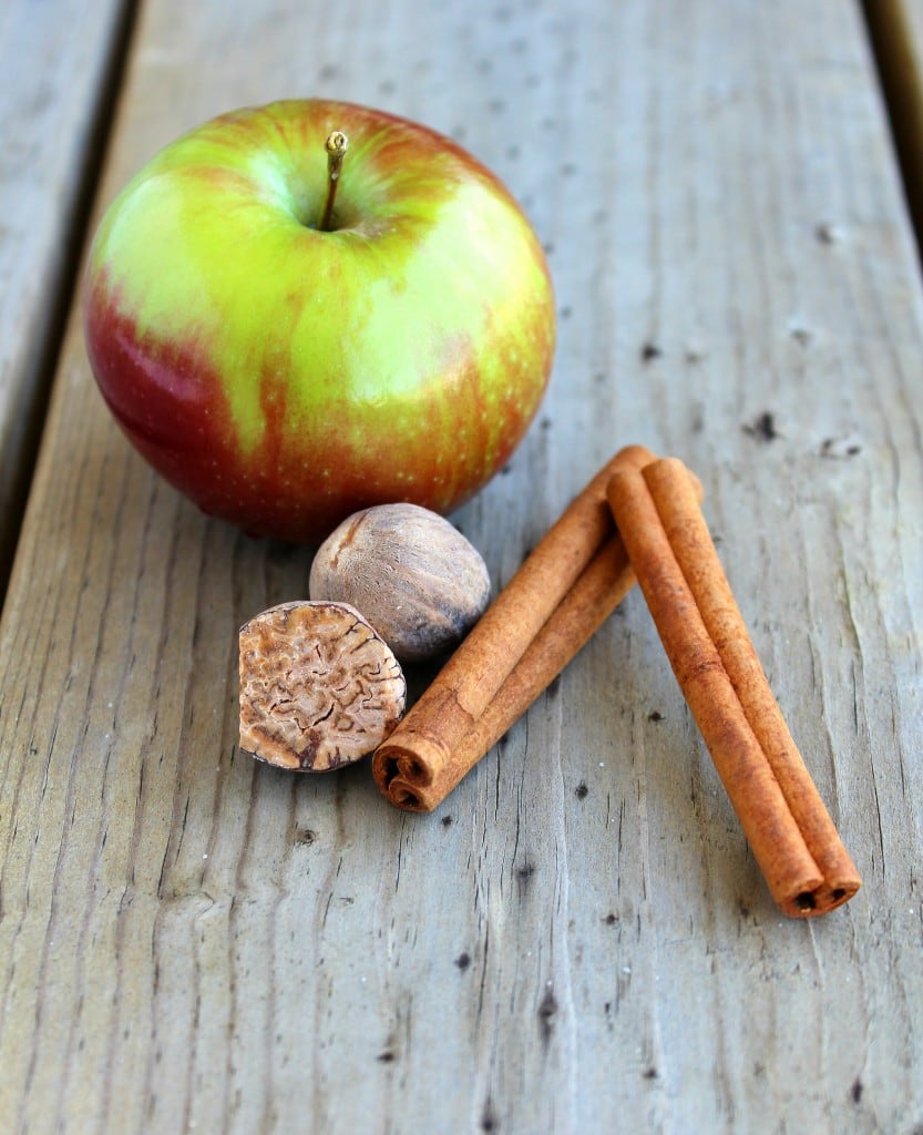 An apple, two cinnamon sticks, and a couple of nutmegs on a wooden surface.