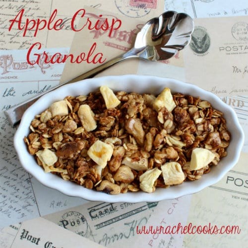 Overhead of shallow white bowl containing apple granola with spoon resting alongside.