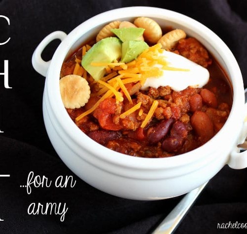 This Chili Recipe is a serious crowd pleaser! With a blend of turkey and beef, the flavors are out of this world! Get the easy recipe on RachelCooks.com - perfect for football season!