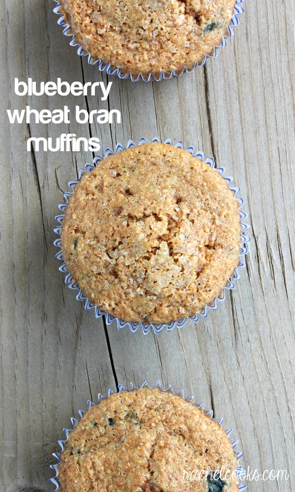 Blueberry wheat bran muffins are a healthy and quick breakfast. Hearty and filling, these will get your day off to a great start! Get the recipe on RachelCooks.com!