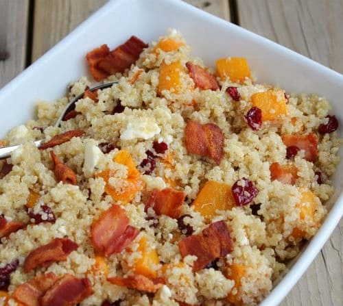 This autumn quinoa salad with roasted squash and bacon is a great side dish or even a main dish. Get the easy recipe on RachelCooks.com!
