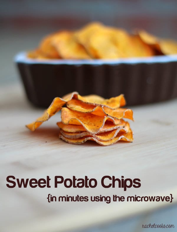 A stack of several sweet potato chips with bowl in background. Text reads "Sweet potato chips in minutes using the microwave"