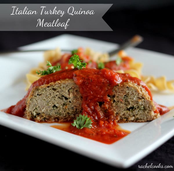 A serving of italian turkey meatloaf with marinara sauce, noodles, and fresh parsley on square white plate. Text overlay reads "Italian turkey quinoa meatloaf."
