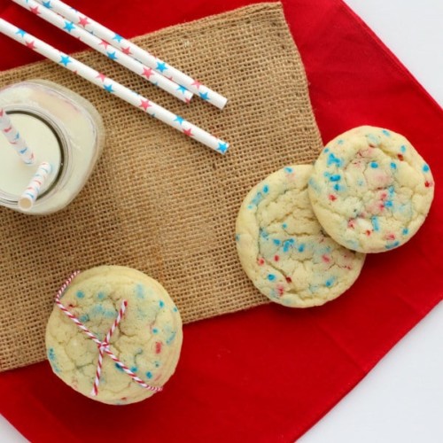 Patriotic Funfetti Cookies that are a cinch to throw together. Kids and adults will both love these soft and chewy cookies. Cookie perfection. Get the funfetti recipe on RachelCooks.com!