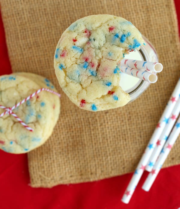 Patriotic Funfetti Cookies that are a cinch to throw together. Kids and adults will both love these soft and chewy cookies. Cookie perfection. Get the funfetti recipe on RachelCooks.com!