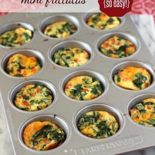 Image of mini frittatas with eggs, spinach and red peppers in a muffin tin.