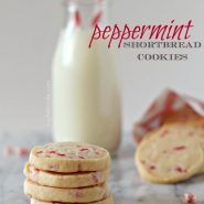 Front view of a stack of four peppermint cookies, with milk bottle in background.