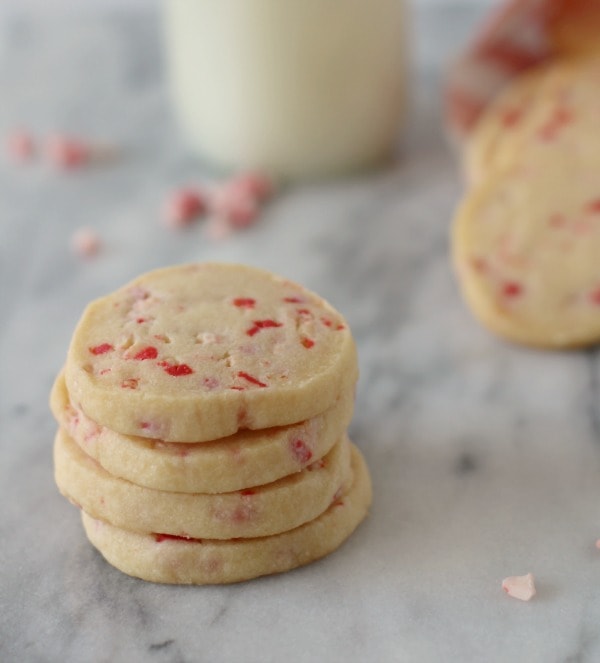 Top front view of stack of peppermint cookies.