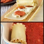 Collage of photos of lasagna rolls made with pizza ingredients.