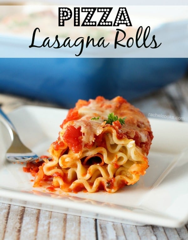 Rolled up lasagna noodle on a square white plate. Pasta is covered with tomato sauce, cheese, and bits of fresh parsley.