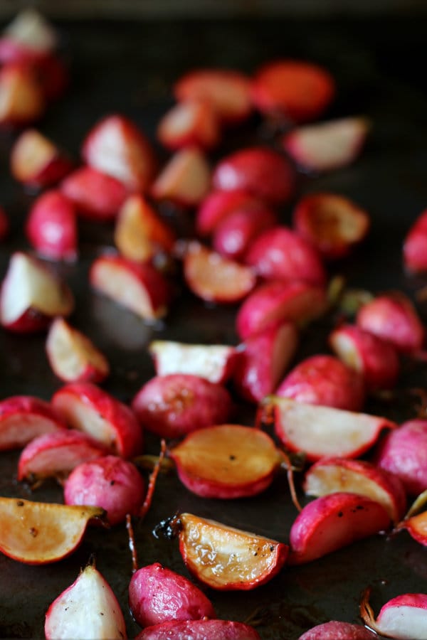roasted radishes on sheet pan photo
