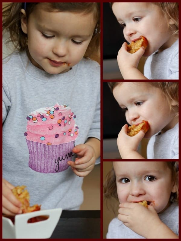 Collage of 4 photos, with young child wearing cupcake shirt, eating mac and cheese muffins.