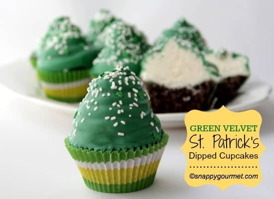 Green Velvet St. Patrick’s Dipped Cupcakes from SnappyGourmet.com