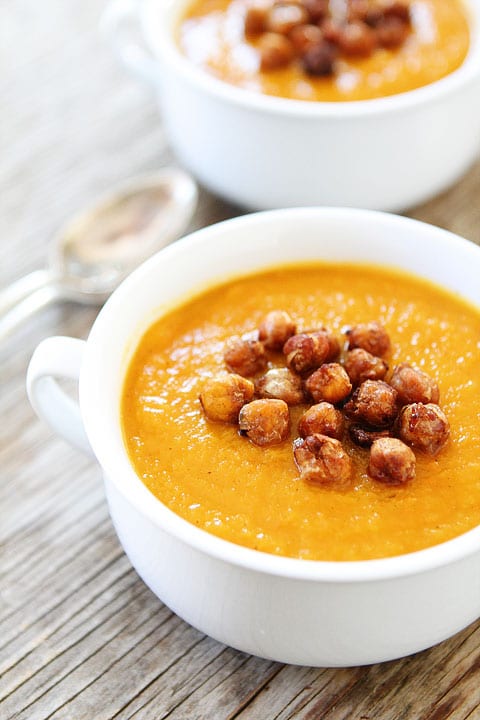 Slow Cooker Butternut Squash Soup with Maple Roasted Chickpeas from twopeasandtheirpod.com