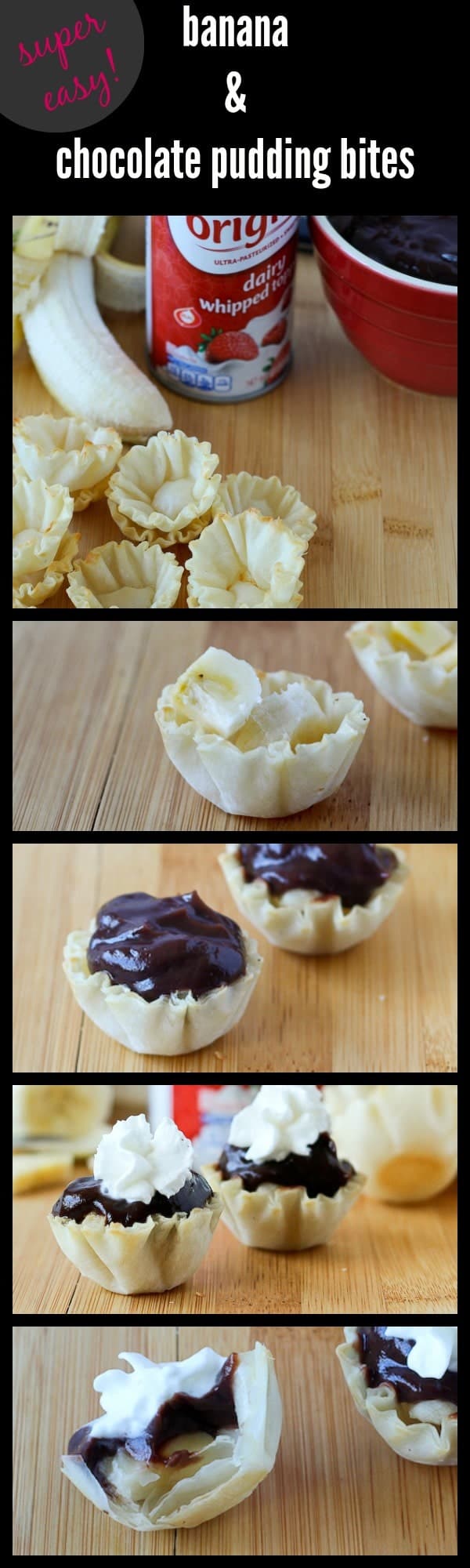 Collage of 5 photos showing dessert bites, with text overlay "Banana & chocolate pudding bites."