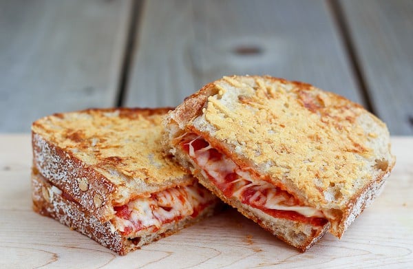 Pepperoni Pizza Grilled Cheese with a crispy parmesan cheese crust - so good you'll never go back to plain grilled cheese! Find the recipe on RachelCooks.com