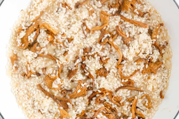 Rich and creamy mushroom risotto is a comforting dish loaded with garlicky roasted mushrooms and herbs, perfect for any night of the week. Broth and wine added to a skillet with risotto rice and chanterelle mushrooms.
