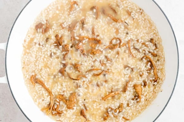 Additional broth added to mushroom risotto in a skillet.