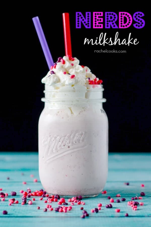 Nerds milkshake in a Mason jar.