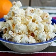 popcorn in shallow blue bowl
