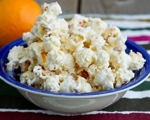 popcorn in shallow blue bowl