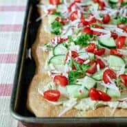 Hummus Flatbread Pizza - a great appetizer or a meal! On RachelCooks.com