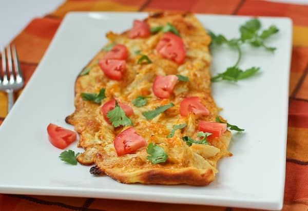 Front view of flatbread on white plate.