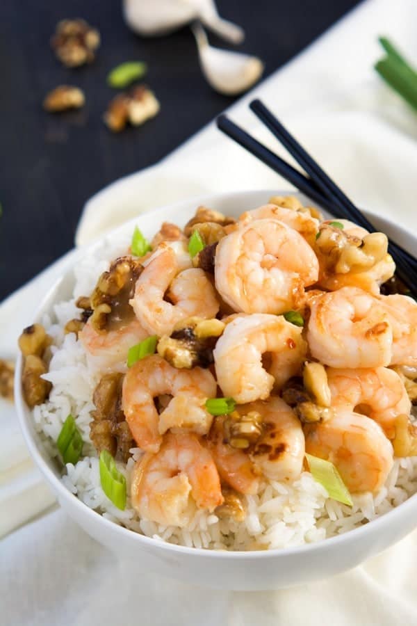 Shrimp with rice in bowl.