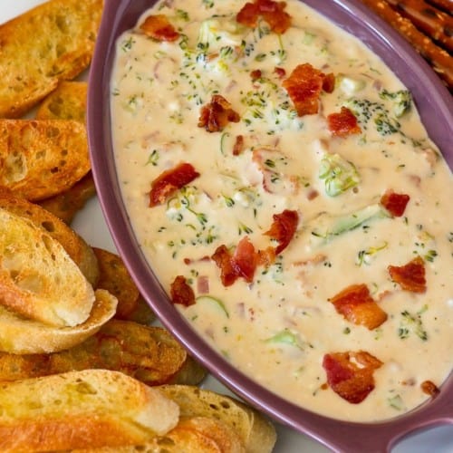 Broccoli and Bacon Beer Cheese Dip - get the party perfect recipe on RachelCooks.com!