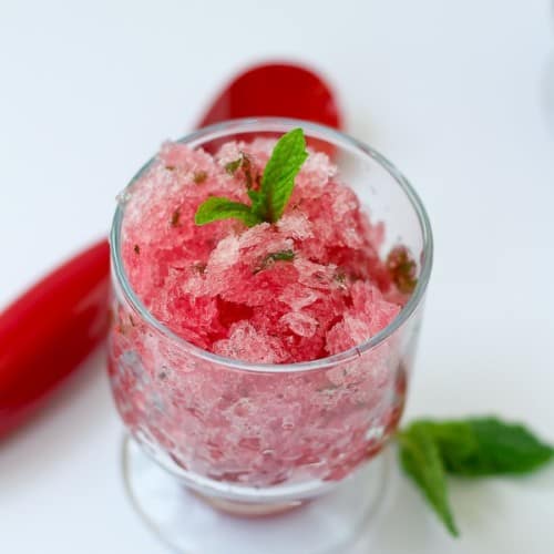 Overhead view of dessert dish with granita. Red plastic spoon and mint sprig in background.