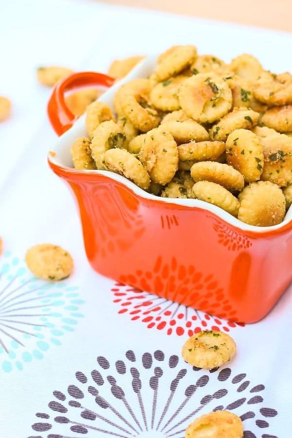 Closeup of crackers in dish.