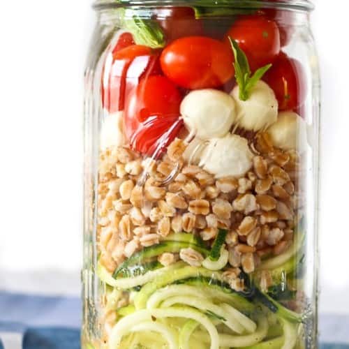 Zucchini Noodle Mason Jar Salad with Farro and Mozzarella - get the perfect lunch recipe on RachelCooks.com!