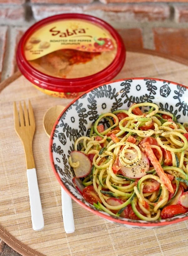 Zucchini Noodle Salad with Roasted Red Pepper Hummus Dressing - get the easy salad recipe on RachelCooks.com! 