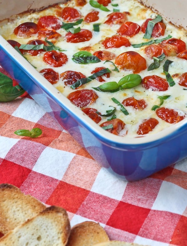 Dip in a blue baking dish made with cheese, basil, and tomatoes.