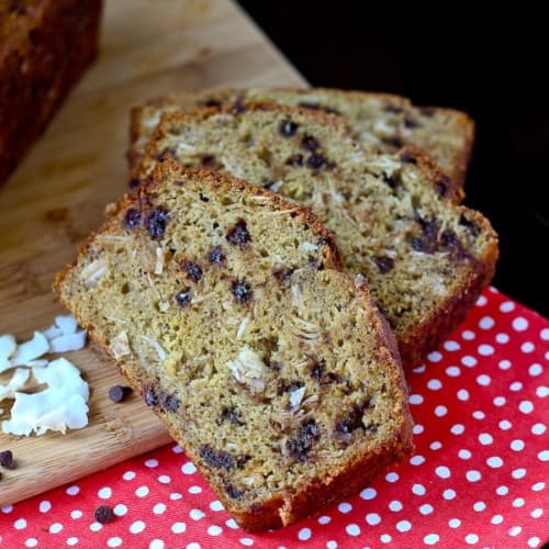 Healthy Whole Wheat Banana Bread with Chocolate and Coconut - get the easy and delicious recipe on RachelCooks.com!