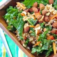 This kale salad keeps really well in your fridge - great for healthy eating all week! The honey dijon dressing softens the kale perfectly. Get the healthy recipe on RachelCooks.com. Great for weekly meal prep fans!