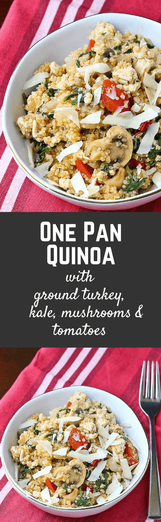 One pan quinoa with Ground Turkey, Kale, Mushroom and Tomatoes - get the easy and healthy weeknight meal on RachelCooks.com!