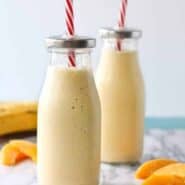 This Peach Banana Honey Smoothie is a perfect snack or breakfast for kids and adults.  A secret ingredient provides an extra boost of protein!  Get the easy recipe at RachelCooks.com
