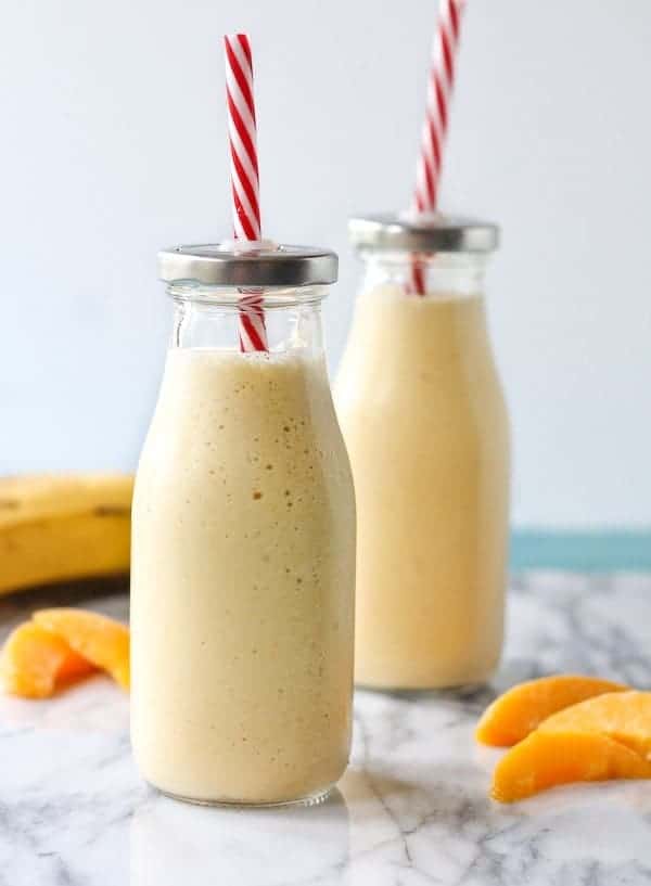 This peach banana and honey smoothie is a perfect snack or breakfast for kids and adults. A secret ingredient gives an extra boost of protein! Get the easy recipe on RachelCooks.com