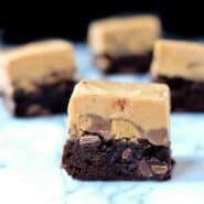 Front view of a peanut butter fudge brownie, showing the layers.