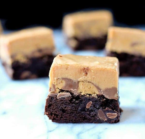 Front view closeup of peanut butter fudge brownies.