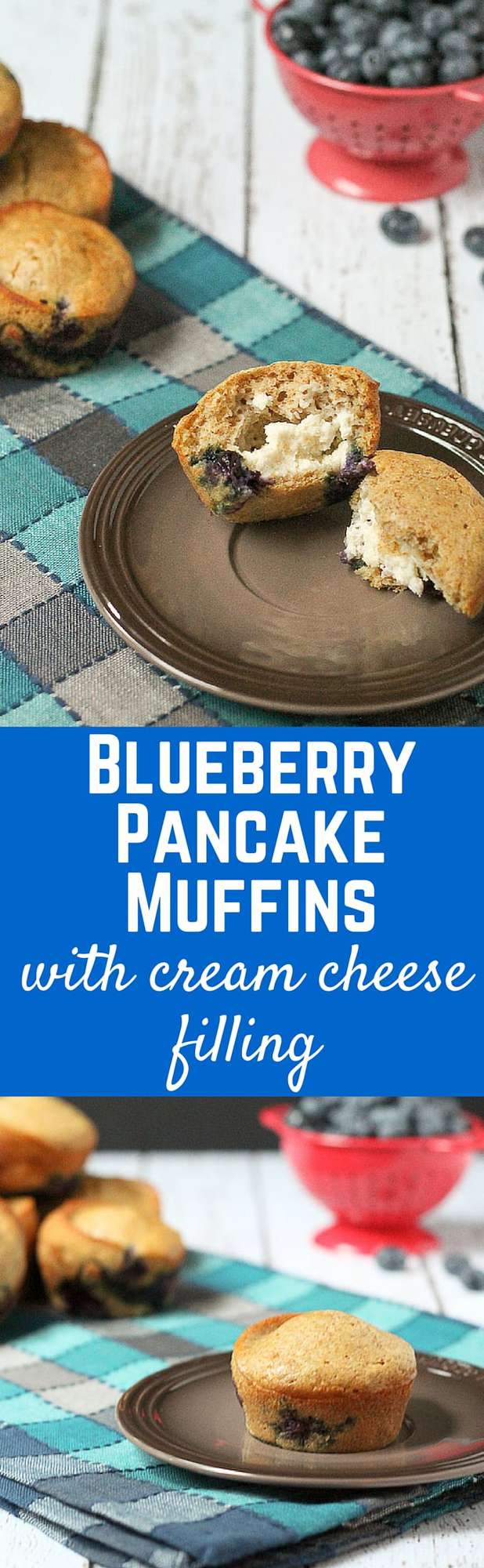 Blueberry Pancake Muffins with Cream Cheese Filling - the perfect breakfast or brunch recipe! Get it on RachelCooks.com!