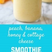 This peach banana and honey smoothie is a perfect snack or breakfast for kids and adults. A secret ingredient gives an extra boost of protein! Get the easy recipe on RachelCooks.com