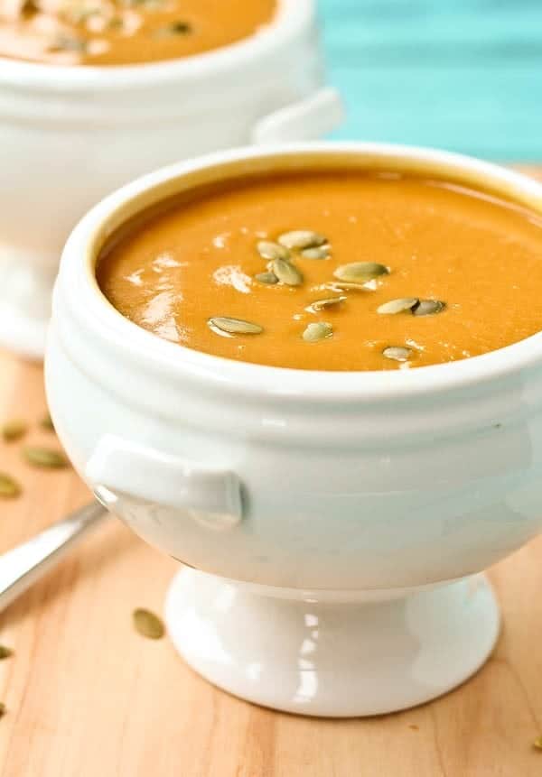 This Copycat Panera Bread Squash Soup tastes just like the original, but I made it a bit healthier! Get the easy fall soup recipe on RachelCooks.com!